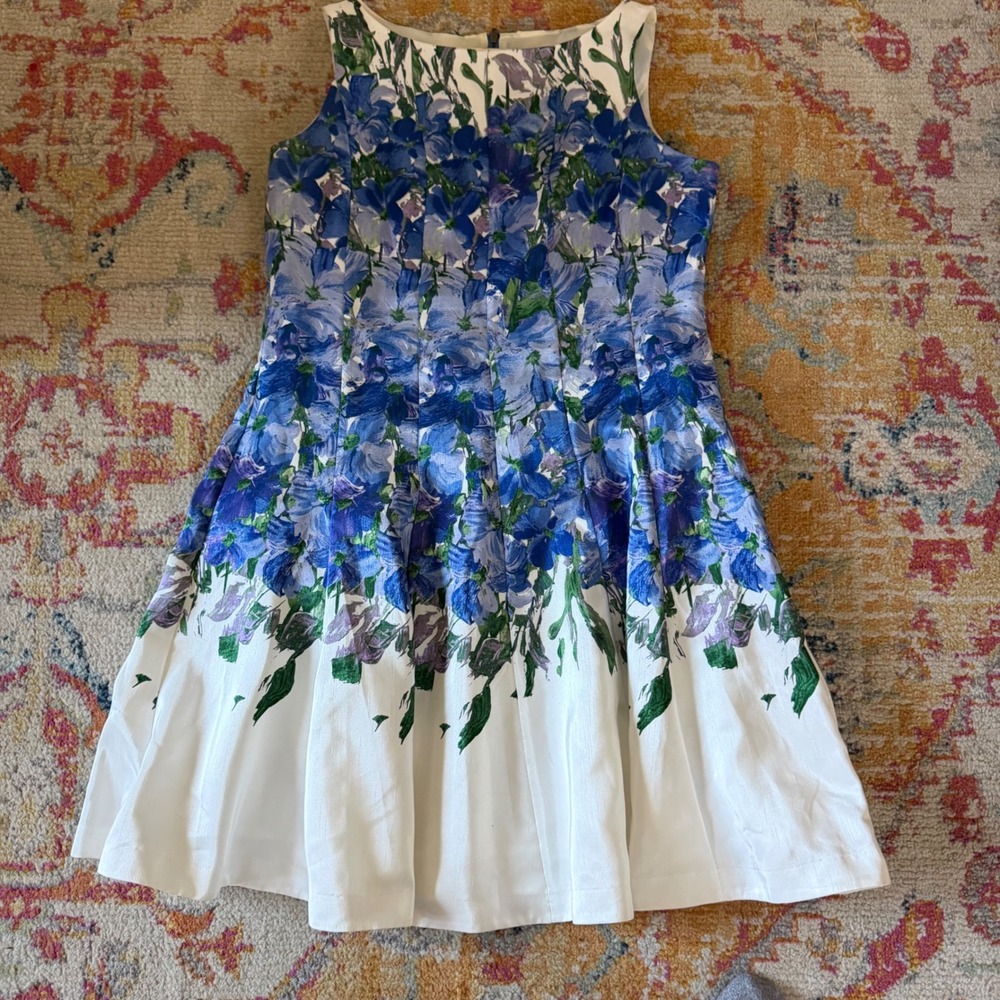 Danny and Nicole Blue Floral Sleeveless Fit and Flare Pleated Dress Size 16